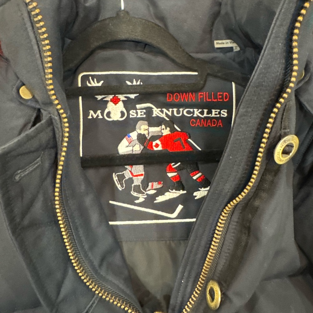 Moose Knuckles Navy Jacket with Red Fur Trim - Picture 7 of 11